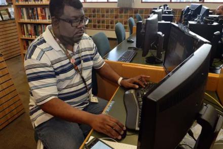 Etienne Douglas manages the Webstars program at the Marin City Library, teaching high school students how to use a variety of computer programs. Robert Tong — Marin Independent Journal